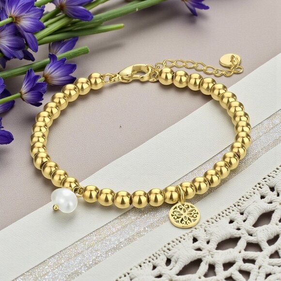 🆕️18K Gold Plated Stainless Steel Beaded Bracelet with Mandala & Pearl Charms ✨ - Picture 1 of 12